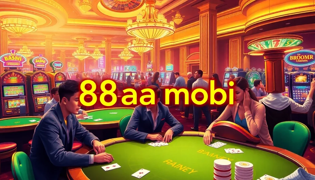 Players enjoying an exhilarating game at a casino with the vibrant "88aa mobi" sign showcasing the joy of gambling.