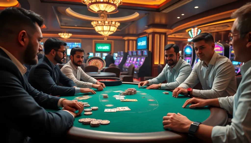 Experience high-stakes poker at a glamorous casino, highlighting viral88's gaming excitement.