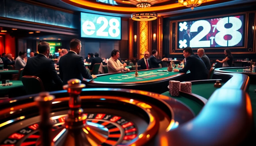 Exciting poker game in a luxurious casino with “e28” neon lights illuminating the high-stakes atmosphere.
