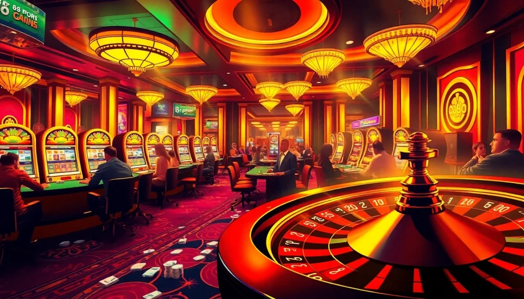 Experience thrilling gaming at ee88.mx, showcasing lively poker tables and vibrant slot machines in action.