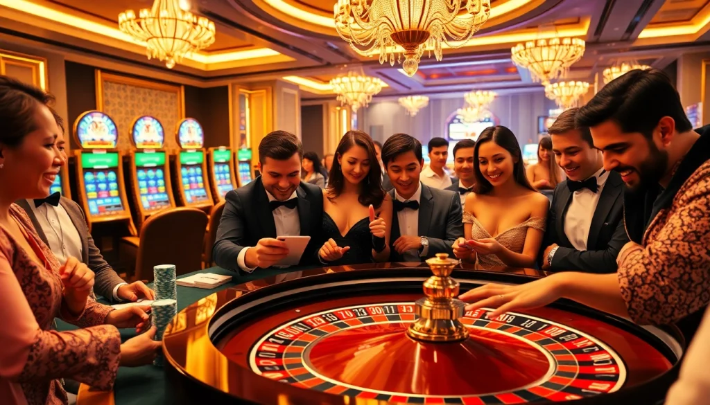 Exciting gameplay at bj88win.live, showcasing players at a roulette table with colorful chips and a spinning wheel.