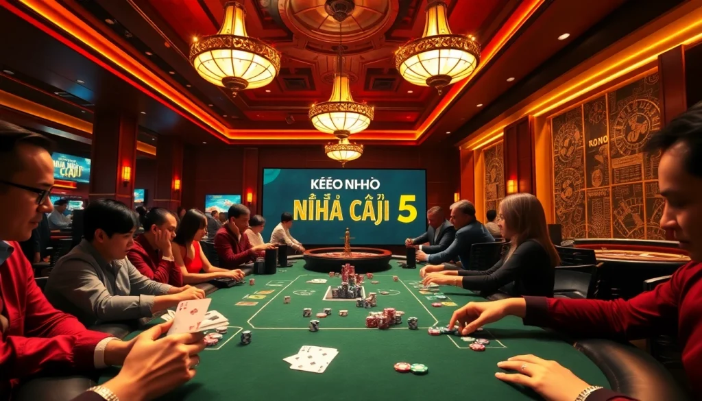 Kèo Nhà Cái 5 highlights players in action at a vibrant poker table in a luxurious casino setting.