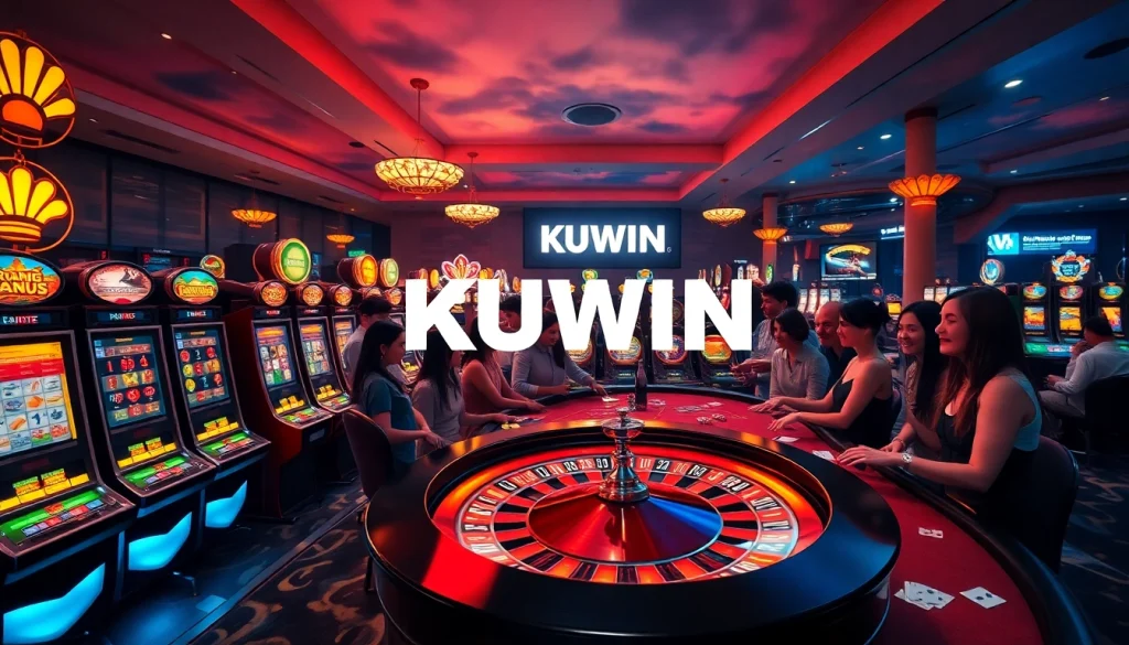 Engage in the thrilling ambiance of KUWIN with players at vibrant casino tables featuring colorful chips and cards.