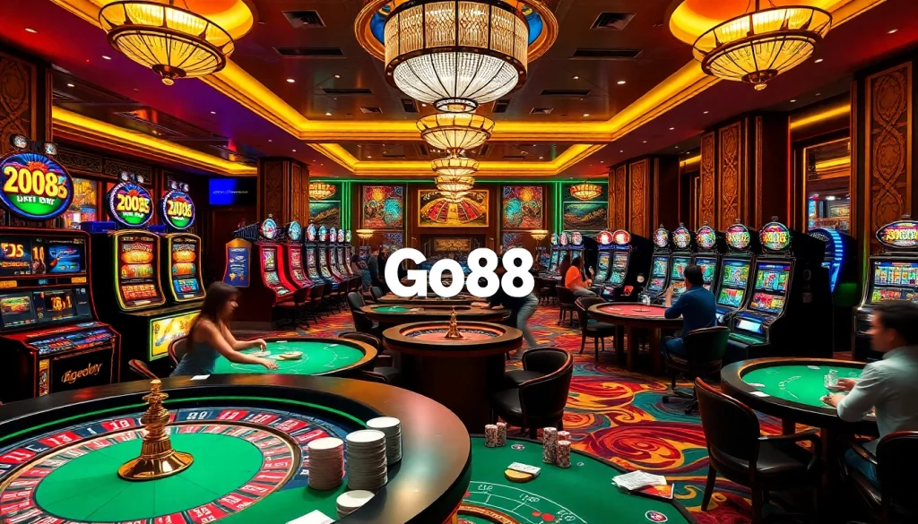 Go88 showcases an elegant casino scene with players at tables, engaging in roulette and card games.