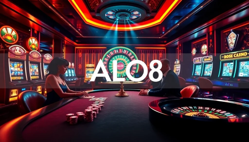 ALO8 captures the thrill of high-stakes poker with players at an elegant table and vibrant slot machines in a luxurious casino.